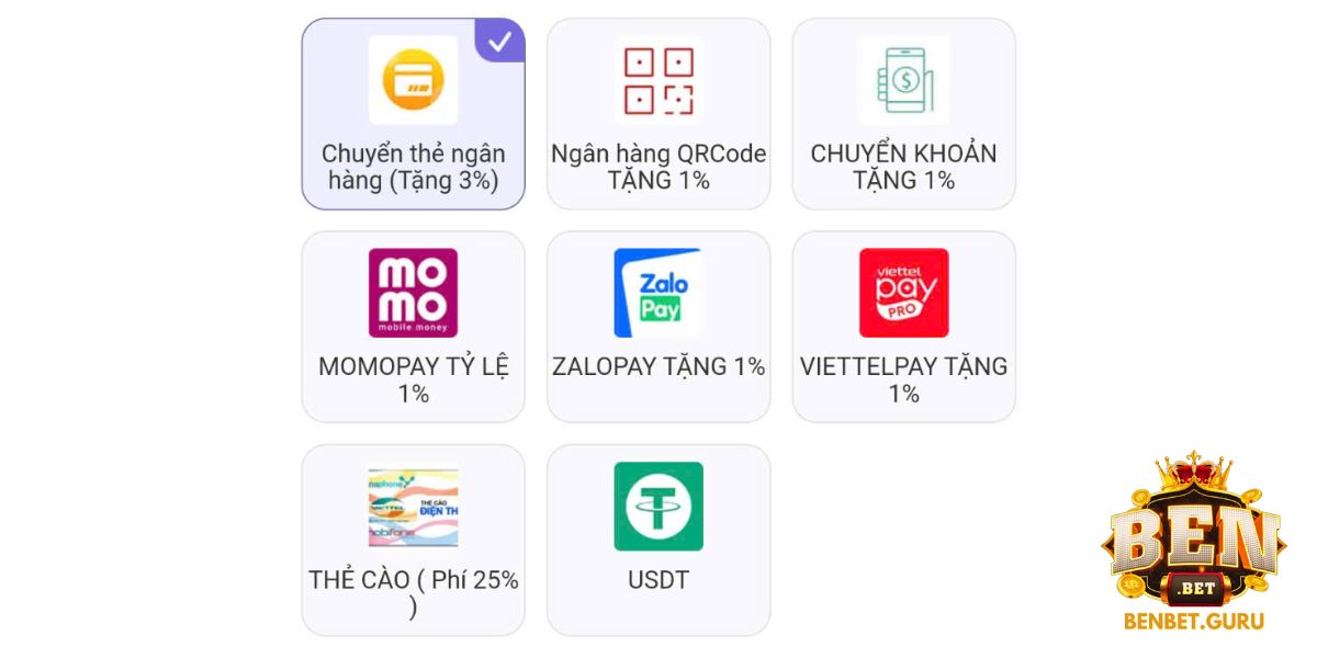 Benbet cung cấp đa dạng phương thức gửi tiền hấp dẫn
