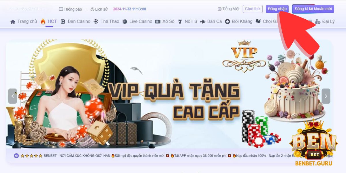 Truy cập nhà cái Benbet và chọn đăng nhập